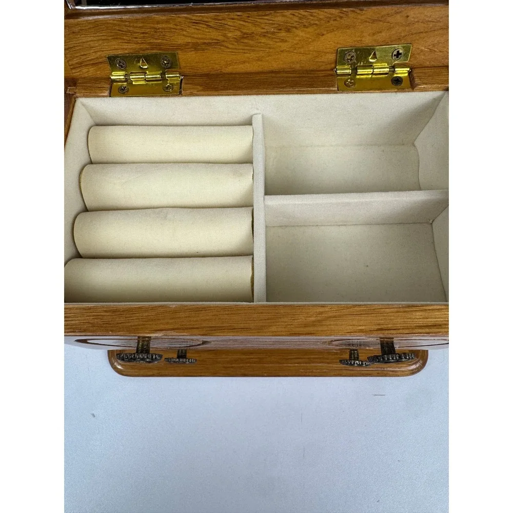 Vtg Wooden Jewelry Box Heart Carved Oak Finish Mirror Ring Storage Organizer
